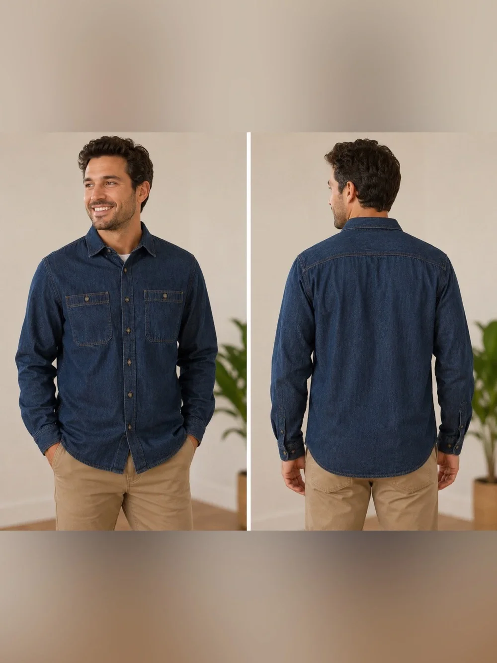 Banana Republic Standard Fit Denim Button-Down Shirt Med Dark Wash Cotton Hemp